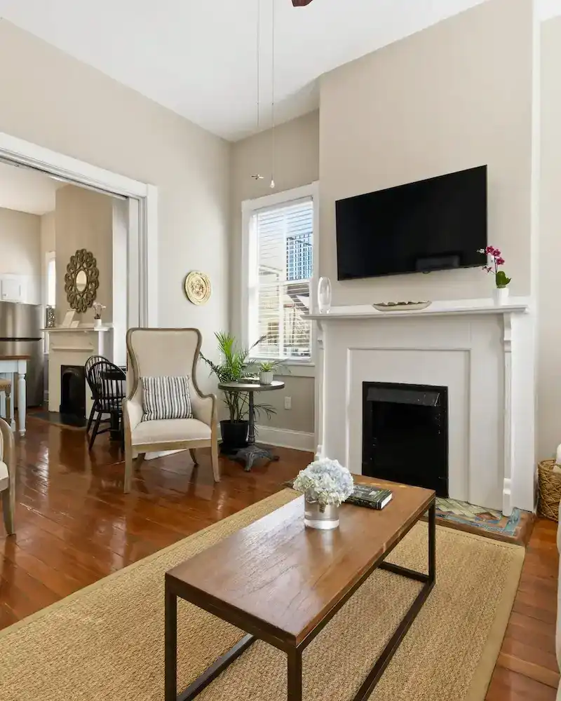 Interior of The Wilder House — original heart-pine floors and soaring 11-foot ceilings in Savannah vacation rental
